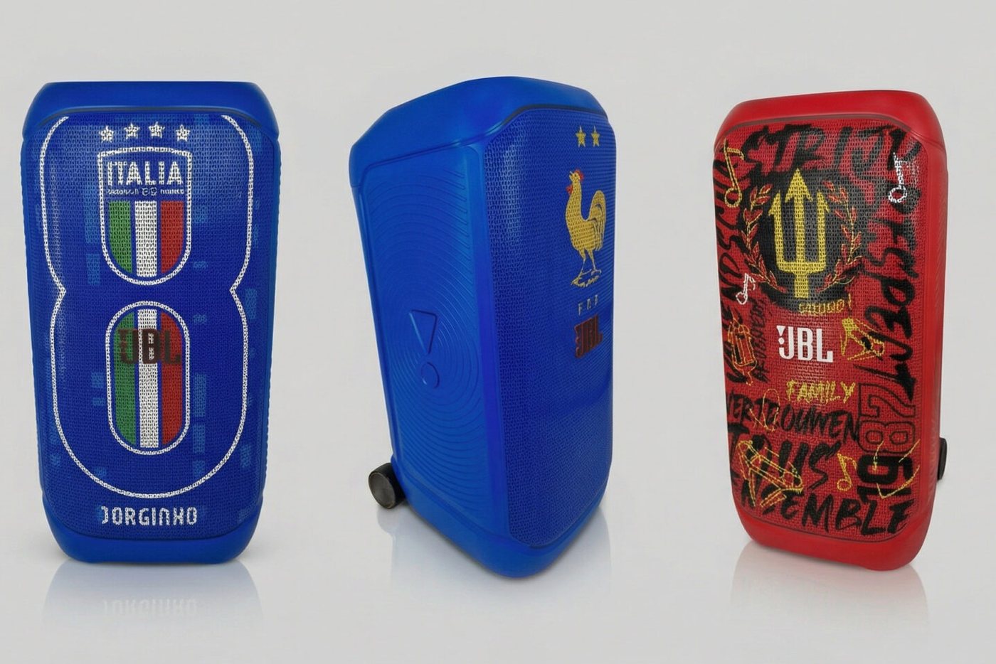 JBL PartyBoxen in de kleuren van Italië, Frankrijk en België